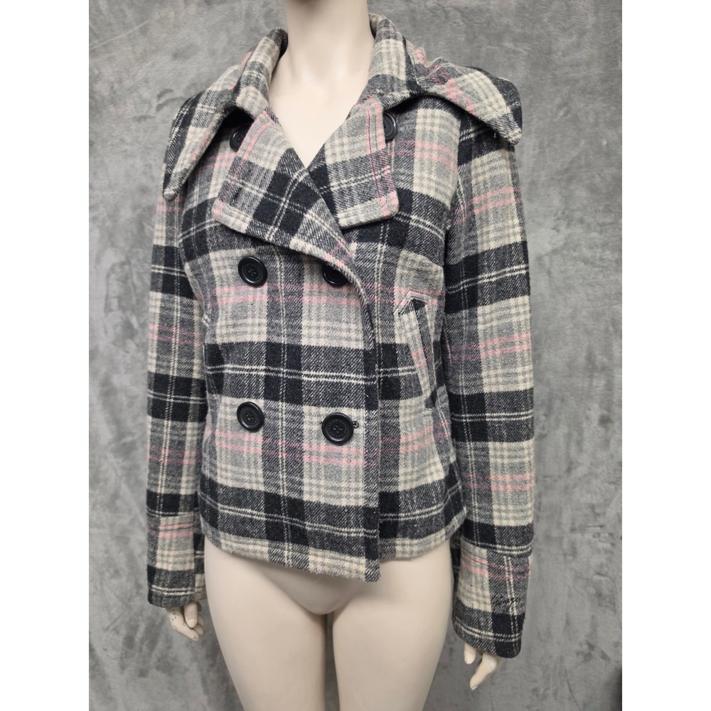Y2K Wool Blend Plaid Cropped Pea Coat Double Breasted Tumblr Grunge Preppy Twee